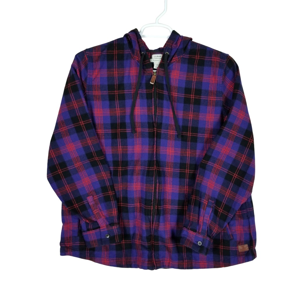 L.L.Bean Flannel Hoodie Womens 2X Purple Red Plaid Full Zip Relaxed Fit 505488